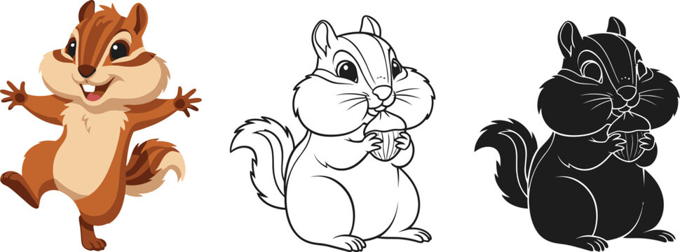 Cute chipmunk cartoon vector illustration set for kids coloring book and design asset with funny animal