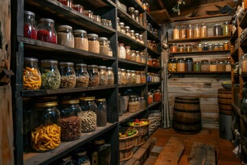 Glass jars filled with colorful ingredients line shelves in a rustic cellar, showcasing a well stocked pantry prepared for winter
