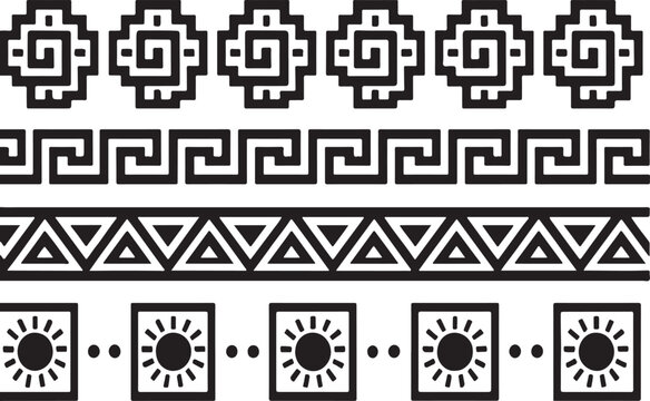 Collection of four distinct black and white geometric border patterns featuring indigenous inspired motifs and sun symbols