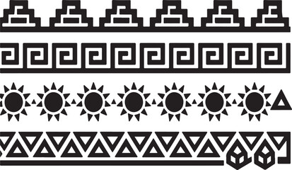 Collection of four distinct black and white geometric tribal border patterns featuring stepped pyramids meander designs sun symbols and triangular motifs