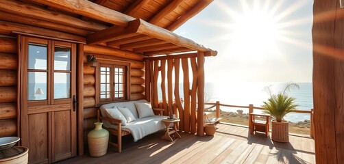Rustic Rimini beach cabin, sun-drenched wood, ocean view, coastline, peaceful