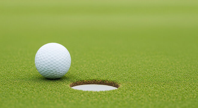 Golf ball rests inches from the hole on a meticulously maintained green golf course - Powered by Adobe