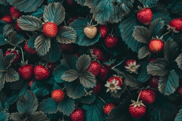 Naklejka premium Close up of vibrant red strawberries ripening amongst lush green leaves, showcasing the beauty of nature's bounty