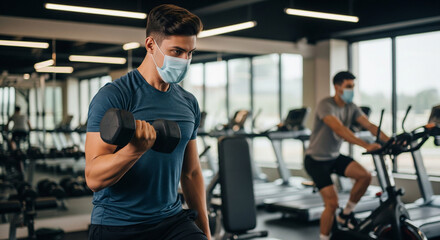 Focused man in a face mask lifting weights and exercising with dumbbells