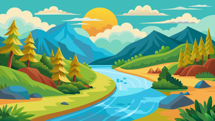 Obraz premium Vibrant cartoon landscape with a winding river pine trees and mountains at sunset