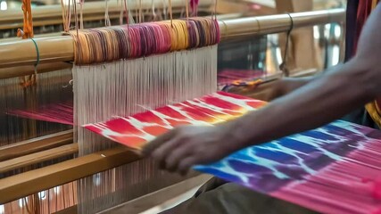 Hands expertly operate a traditional loom, weaving vibrant, colorful threads into a beautiful, patterned fabric