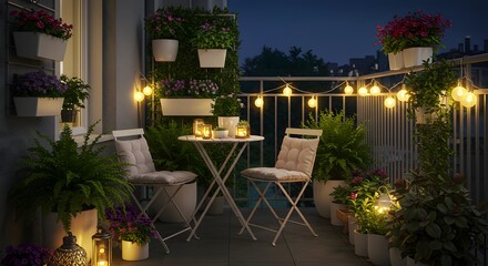 Fototapeta premium Cozy Balcony with String Lights A Relaxing Outdoor Retreat at Twilight
