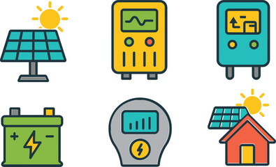 Solar Panel System Icon Set – Color Vector Symbols for PV Home, Inverter, Battery, Charge Controller & Off-Grid Energy