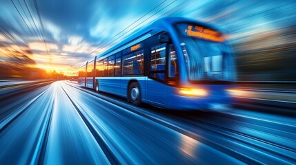 A vibrant blue bus streaks through the city streets, evoking a sense of speed amidst the glowing sunset backdrop