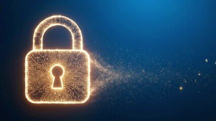 A glowing digital padlock with circuit patterns symbolizes cybersecurity and data protection against a dark blue background - Powered by Adobe