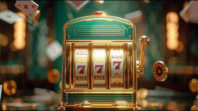 A vintage slot machine with winning numbers and cards flying around in casino environment. The slot machine is gold-plated