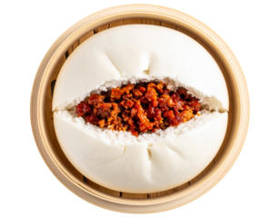 Top View of a Cracked Open Steamed Bun Revealing Char Siu Filling, Minimalist PNG