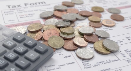 Tax form with coins and calculator on desk