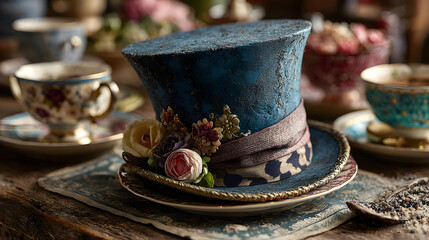 Mad Hatter’s Hat on Table with Teacups in Whimsical Tea Party Setting