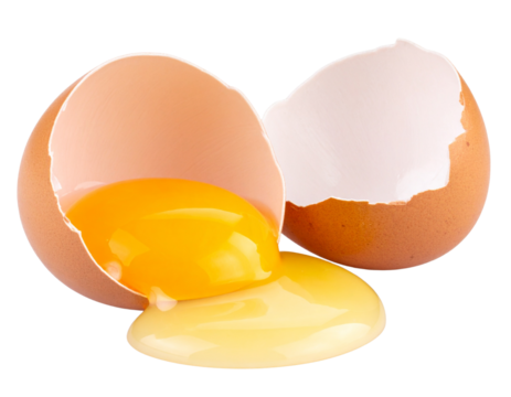 Cracked Egg with Round Yolk and Glossy Egg White on Matte Gray Surface, Realistic PNG