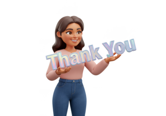 3D Character Woman Holds Thank You Sign Transparent Background