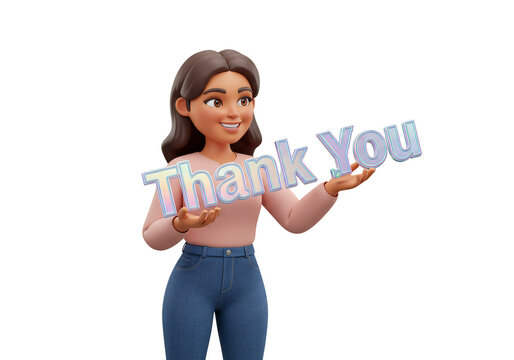 3D Character Woman Holds Thank You Sign Transparent Background