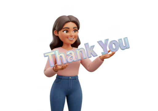 3D Character Woman Holds Thank You Sign Transparent Background - Powered by Adobe
