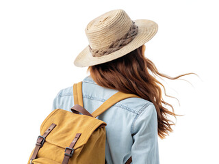 Fototapeta premium Back view of woman with straw hat and backpack on white background in studio shot for travel concept