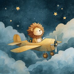 A charming lion cub taking flight in a vintage airplane under a starry night sky