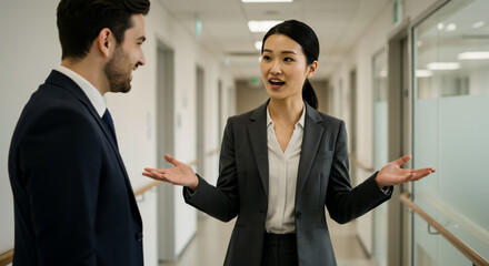 Diverse business professionals having a lively discussion in a modern office hallway.
