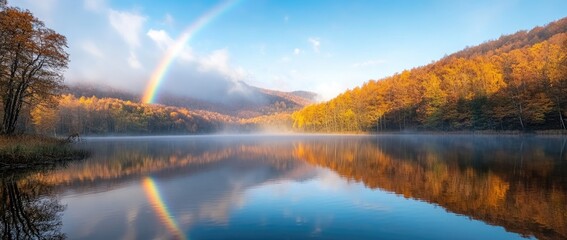 Serene lake landscape with autumn foliage and rainbow
