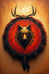 Shamanic Drum with Carved Wolf Design and Mystical Ritual Aesthetic