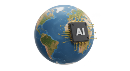 3D Globe Featuring Artificial Intelligence Chip with Transparent Background