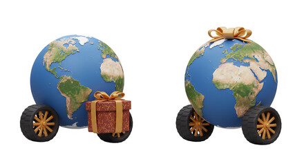 3D Globe with Gifts on Wheels Illustration Transparent Background