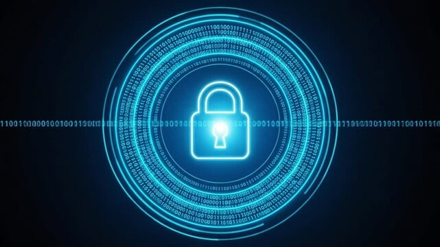 A glowing blue padlock surrounded by binary code represents digital security and data protection in the cyber world