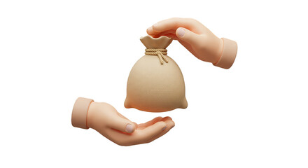 3D Hands Gently Holding Bag of Money PNG on Transparent Background