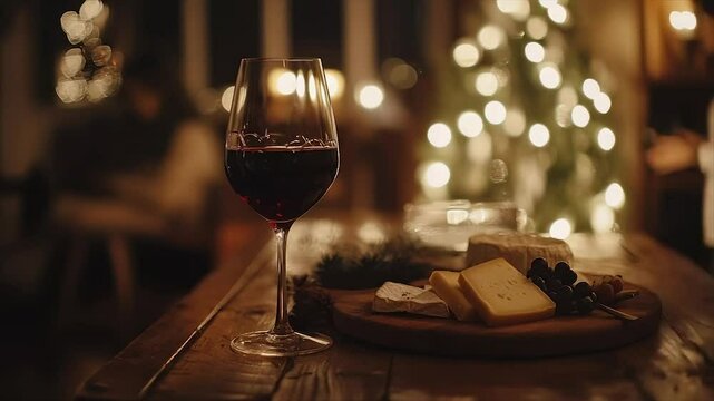 Festive red wine and cheeseboard by a lit Christmas tree