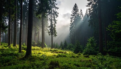 Obraz premium Enchanted forest sunrise, sunbeams piercing through the misty woods misty