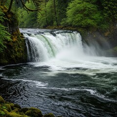 Fototapeta premium Lush green forest waterfall with dark water and mossy rocks