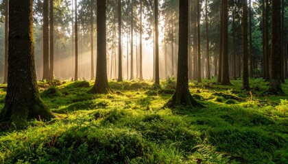 Obraz premium Sundappled forest, serene nature photography of sunlight streaming through trees