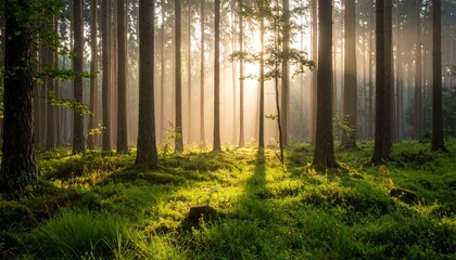 Sundrenched forest canopy, a serene nature escape into the woods sunlight