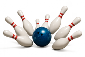 Bowling strike with blue ball and white pins falling on transparent background