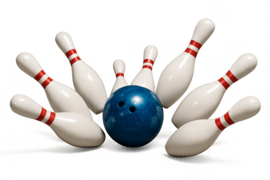 Bowling strike with blue ball and white pins falling on transparent background