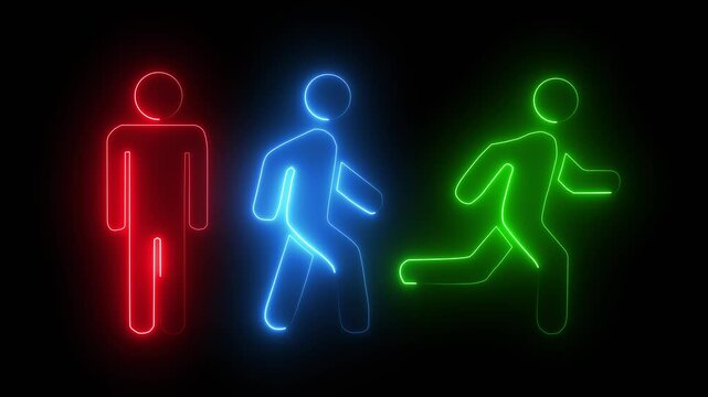 Sport running and fitness activity people animation in digital neon style on black background.