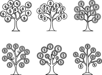 A set of Money tree with coins black outline vector and illustration, coloring book page