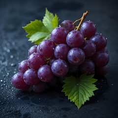 Fototapeta premium Fresh purple grapes with a few green leaves