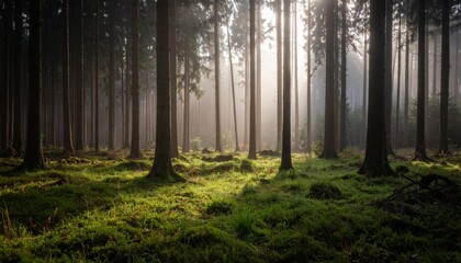 Naklejka premium Sundrenched forest, majestic trees and golden sunlight streaming through canopy