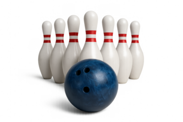 Blue bowling ball facing white bowling pins on transparent background