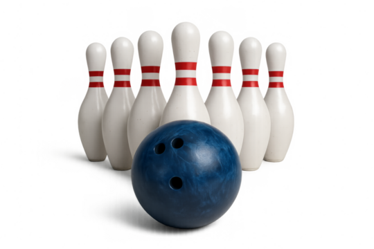 Blue bowling ball facing white bowling pins on transparent background