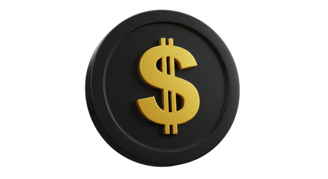 3D Dollar Coin Golden Symbol Finance Wealth on Transparent Background