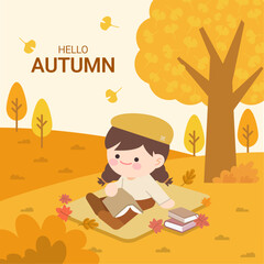 가을들판에서 독서하는 여자어린이