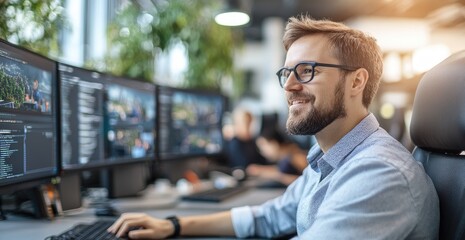 Smiling man working on multiple computer screens in modern office