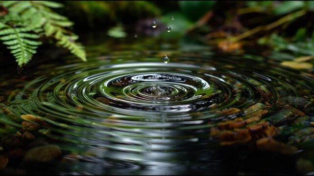 A tranquil scene of water droplets creating concentric ripples in a pond