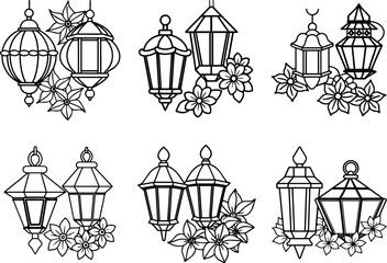 A set of Lanterns and Flower black outline vector and illustration, coloring book page