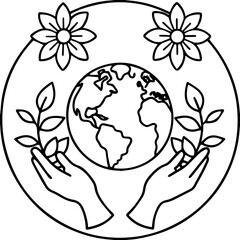 Hands holding Earth outline vector and illustration, coloring book page